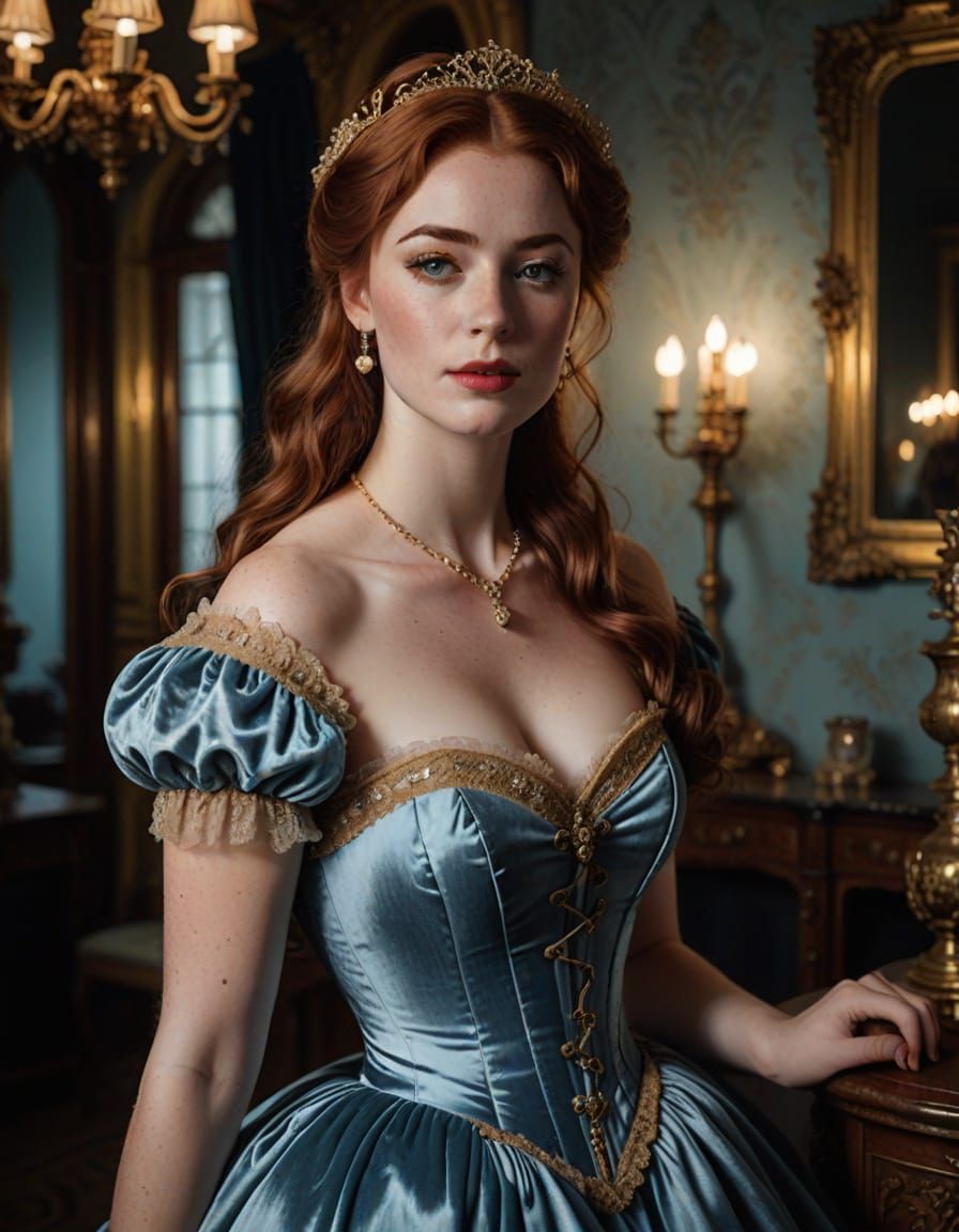 Curvy Victorian Woman in Blue Velvet Dress