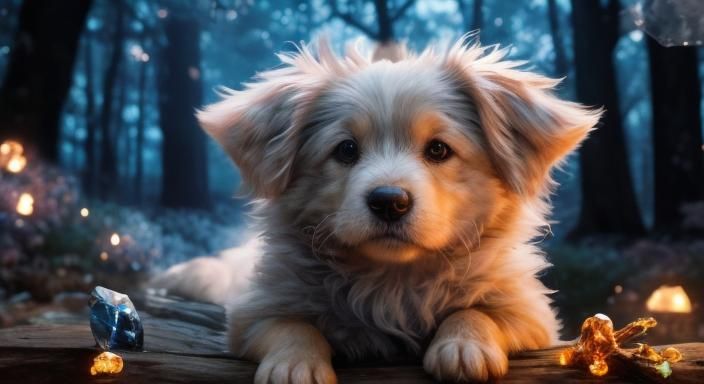 Enchanted Puppy Portrait in Crystal Forest