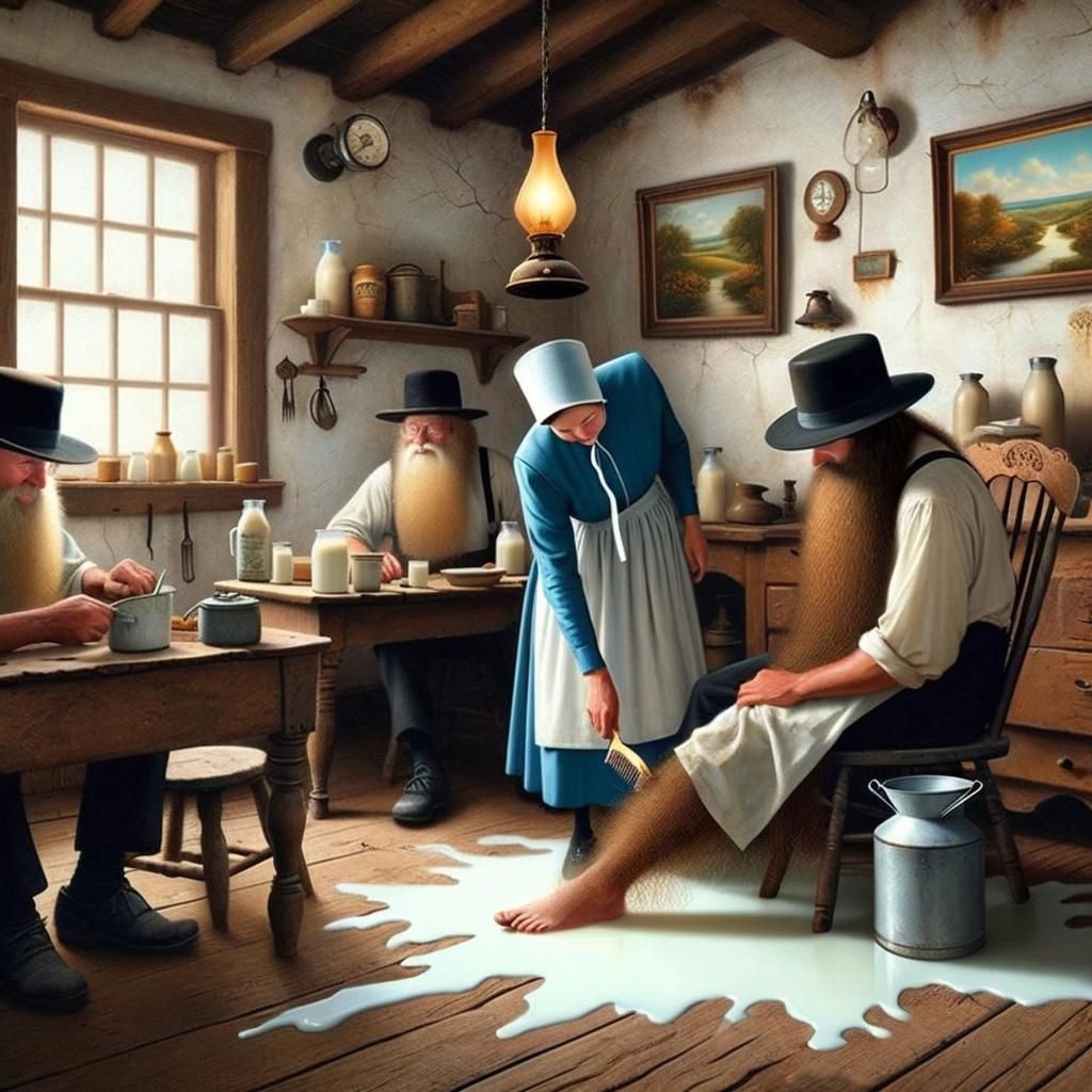 Humorous Amish Scene with Extraordinarily Long Leg Hair