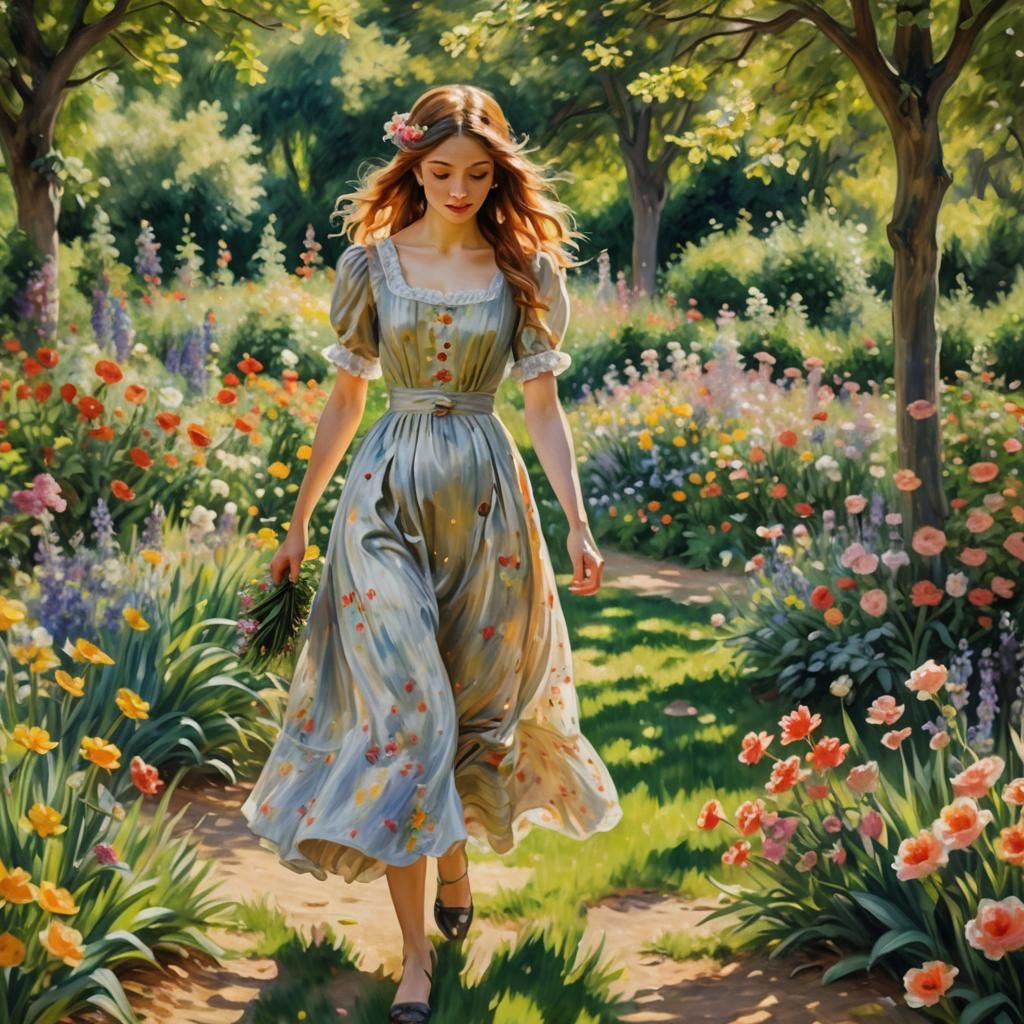 Girl in Garden: Whimsical Impressionism