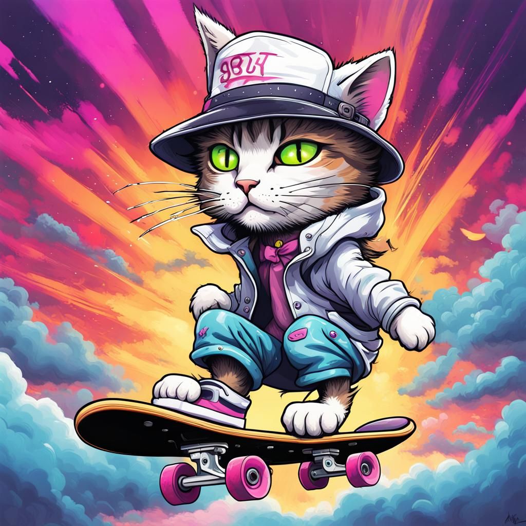 Gangster Cat Skateboarding: Graffiti Art in Anime Style