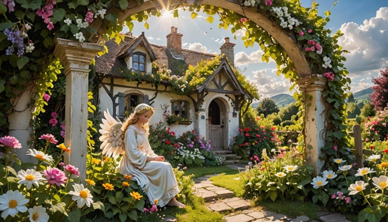 Angel in a Flower Garden with Cottage