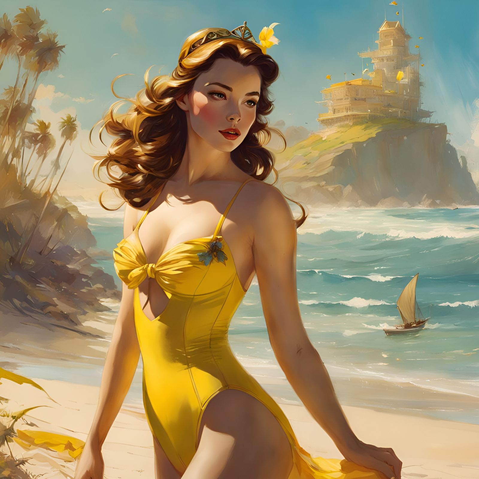 Belle in Yellow Swimsuit: Pin-Up Beach Portrait