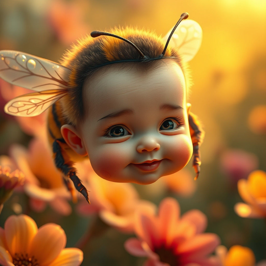 Baby and Honey Bee Dreamlike Fusion in Lush Garden