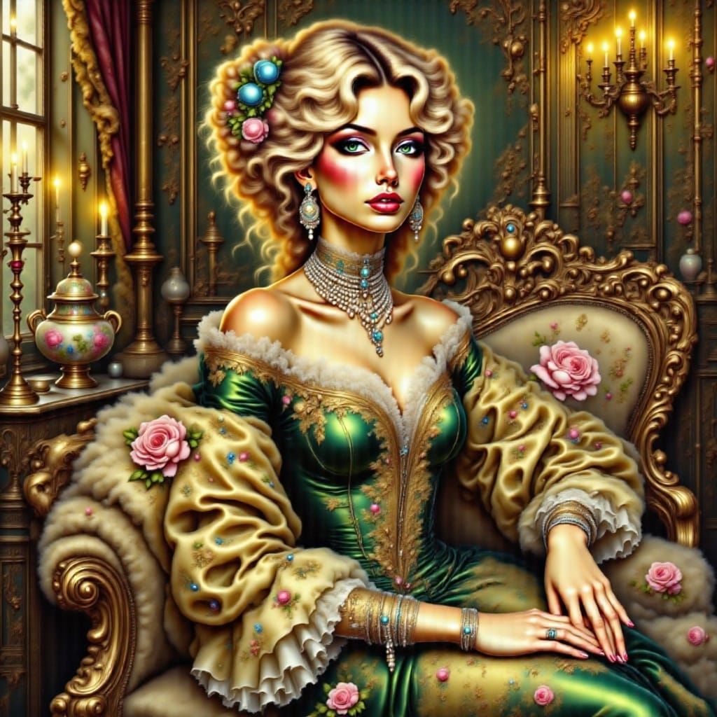 Baroque Oil Painting of Woman in Lace Dress