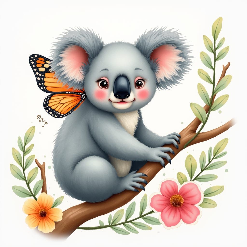 Koala with Butterfly Wings in Watercolor Style