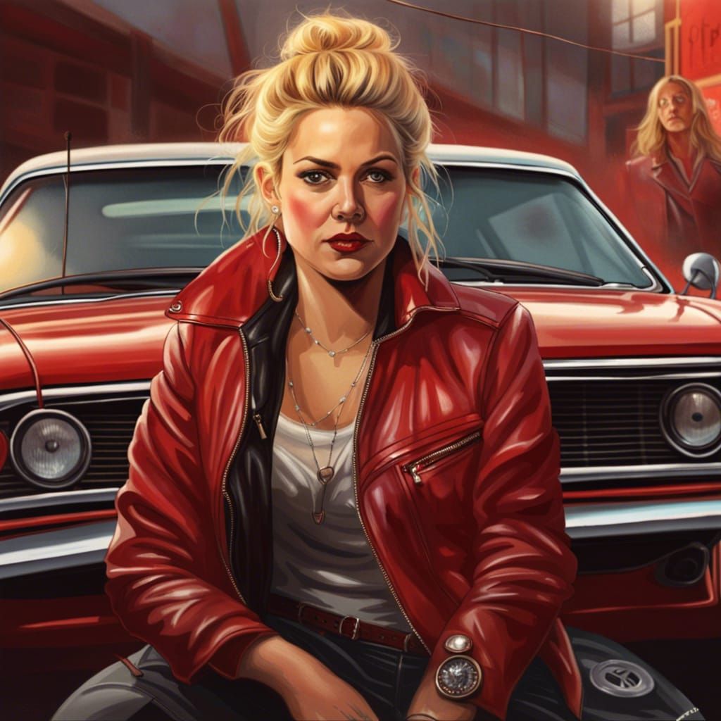 Drew Barrymore Style Woman with Charger Car in Splash Art