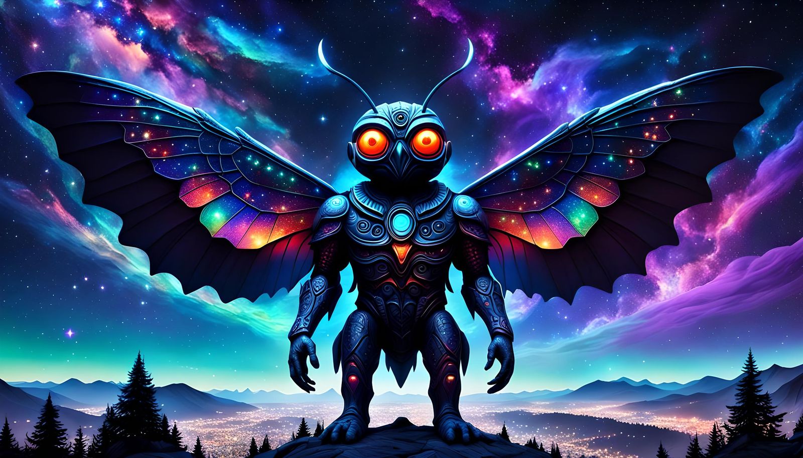 3D Mothman Under Starry Sky by Pablo Amaringo