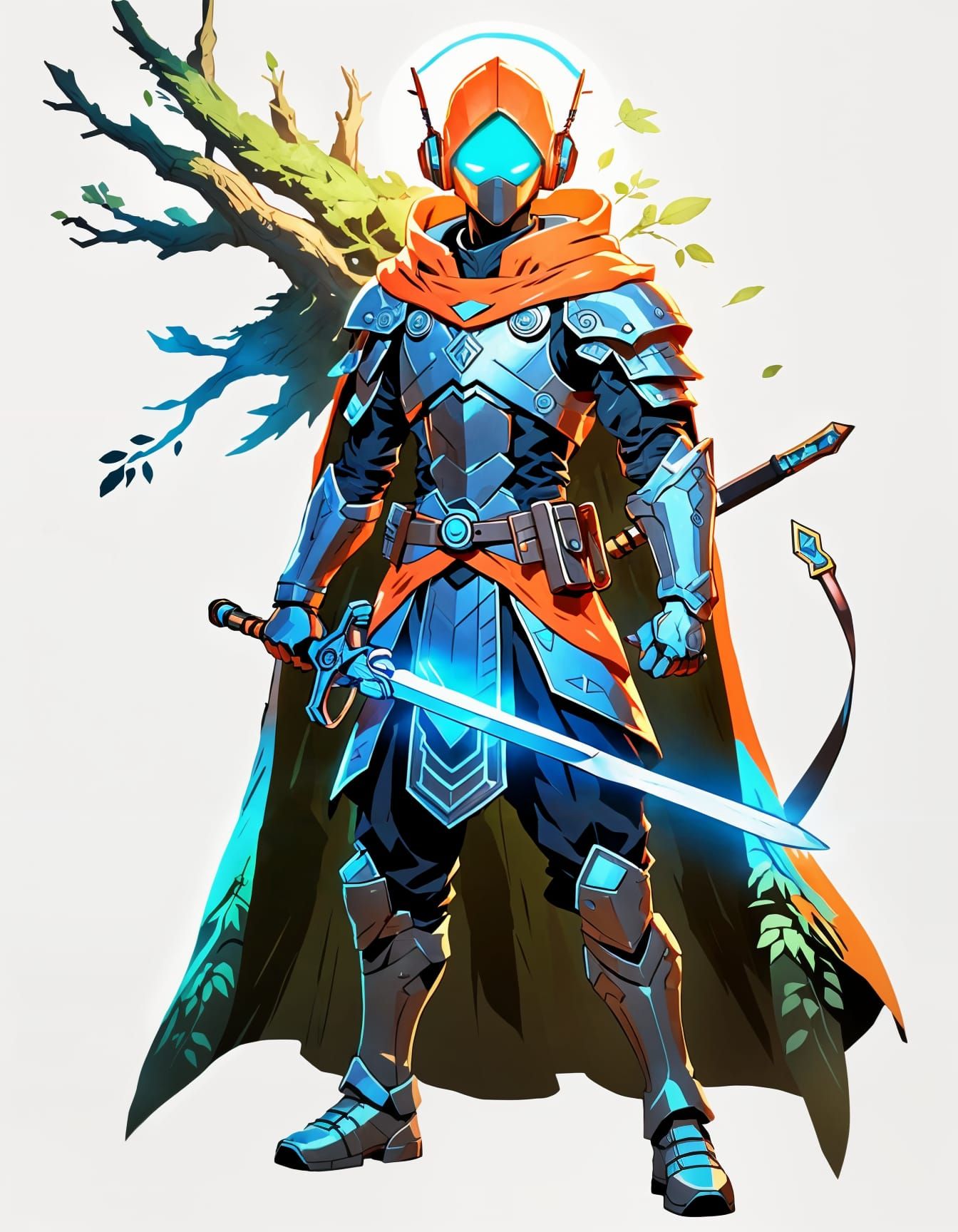 Neon Swordsman with Glowing Eyes in Forest