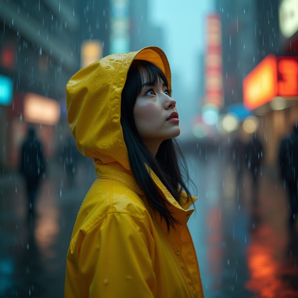 Moody City Street Scene with Rainy Woman in Yellow