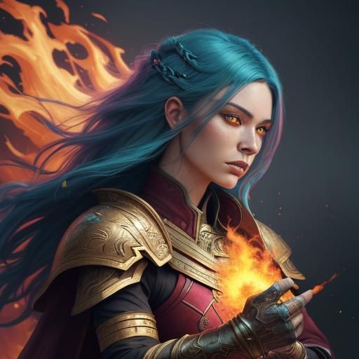 Princess with Teal Hair in Fiery Armor