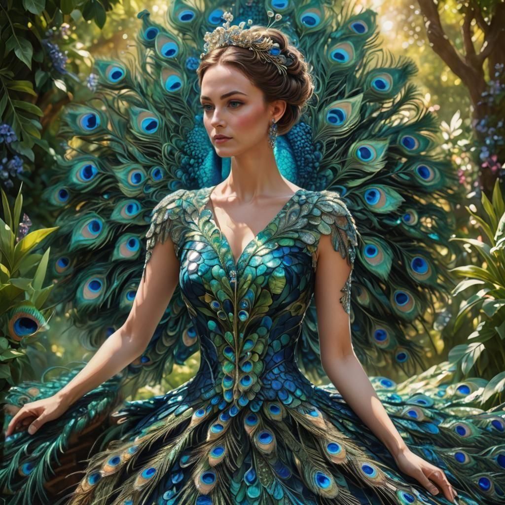 Elegant Peacock Feather Patterned Dress