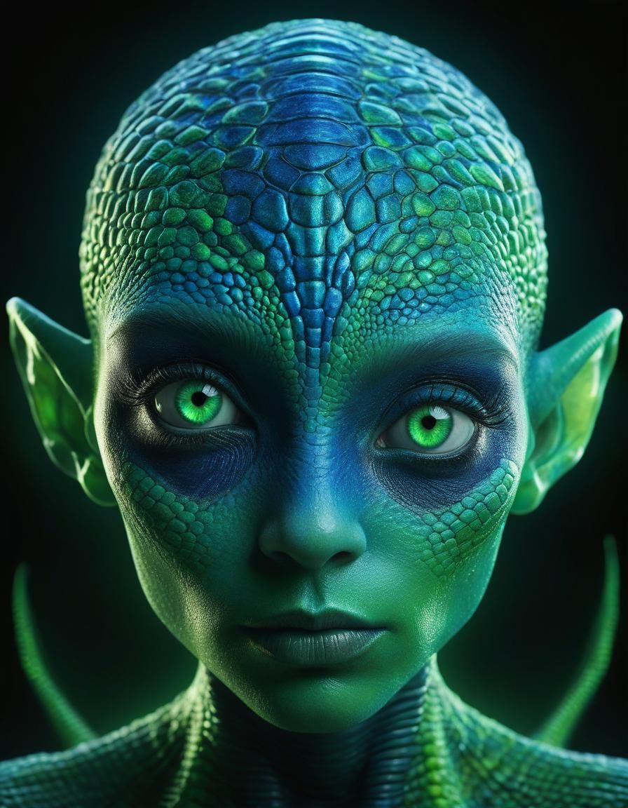 Enigmatic Green Alien Child Portrait in Dark Fantasy