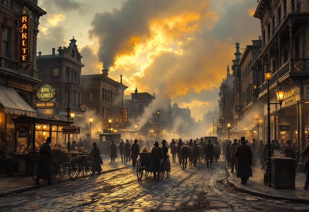 Bustling 1800s Cityscape in Golden Light
