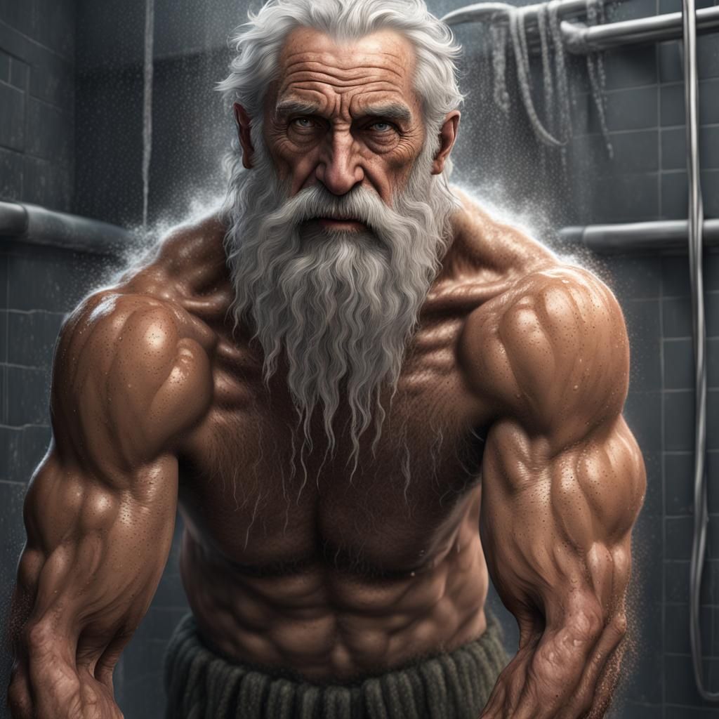 Detailed Matte Painting: Rugged Old Man in Shower
