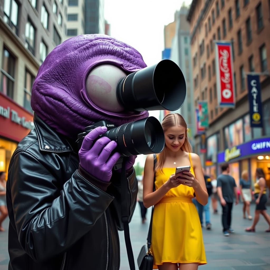 Giant Purple Creature Captures City Scene in Pop Art Style