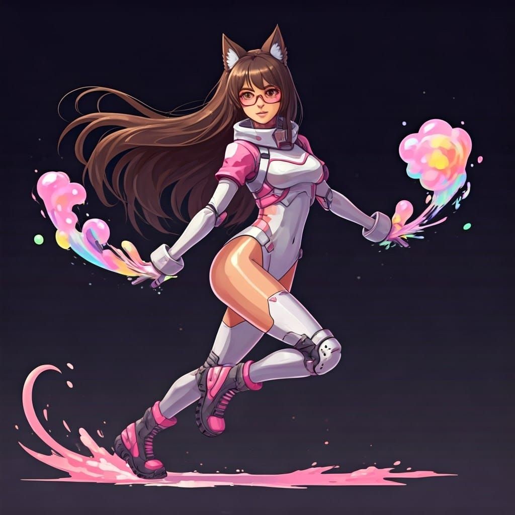 Futuristic Pop Art Goddess with Wolf Ears and Bubblegum Powe...