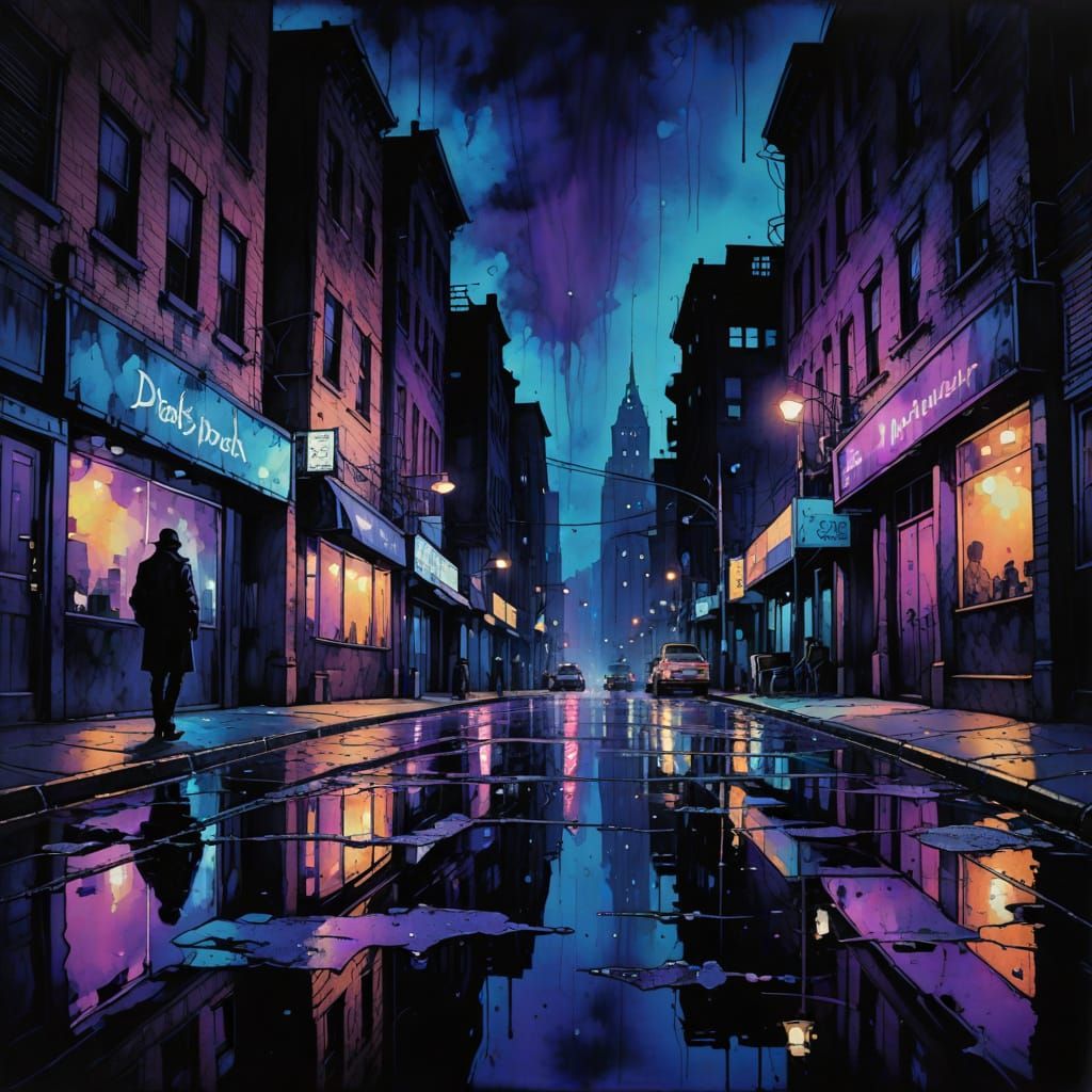 Gritty Noir Cityscape at Night in Alcohol Ink