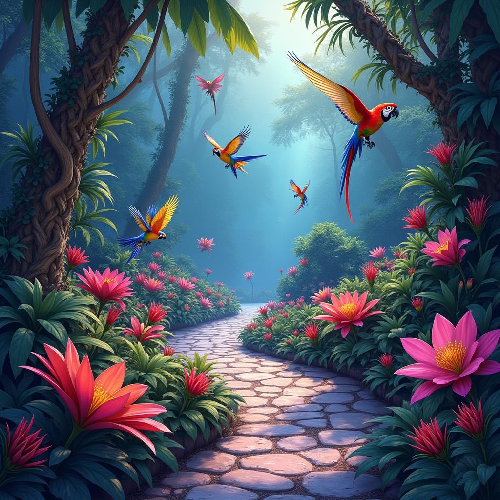 Luminescent Tropical Garden with Exotic Flora