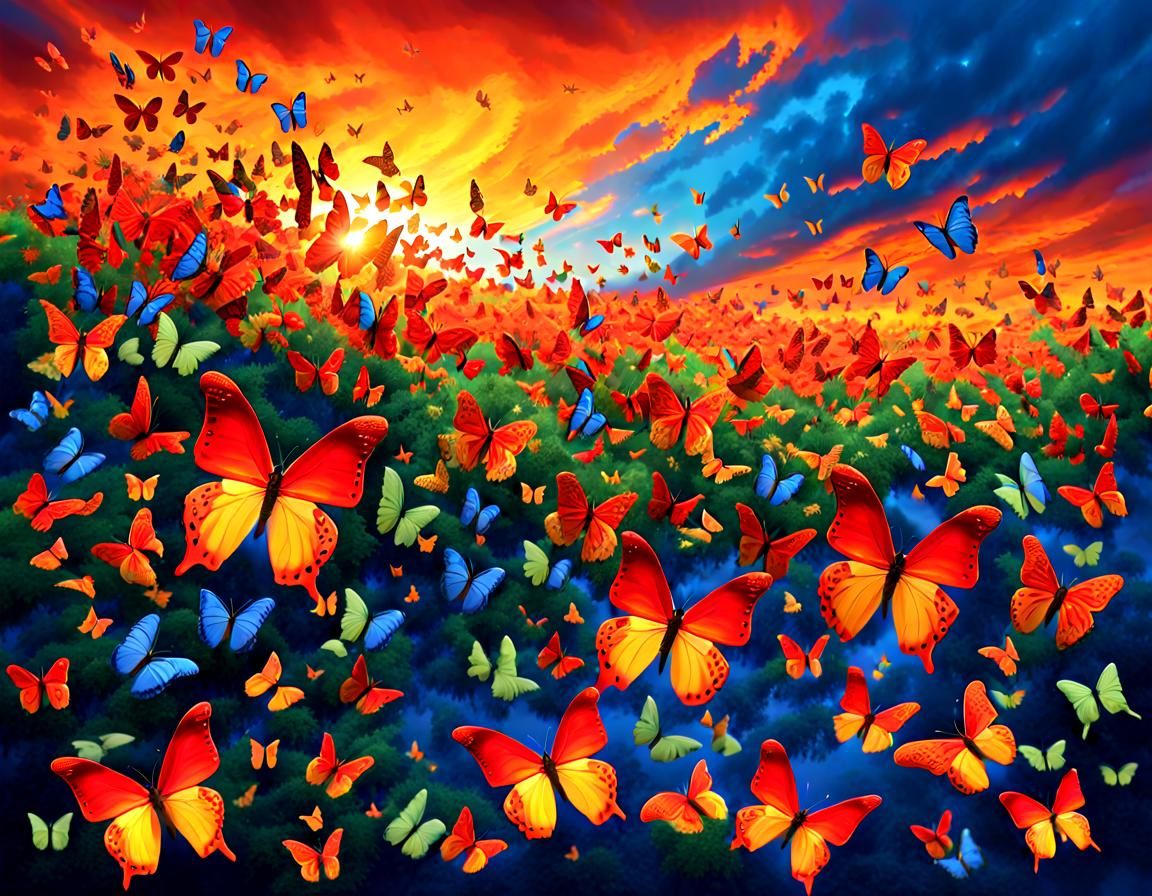 Rainbow Butterflies Fill a Colorful Sky