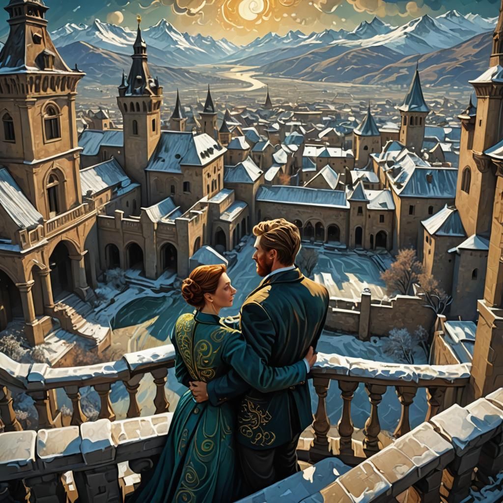 Couple Admiring Mythical Palace in Vincent van Gogh Style