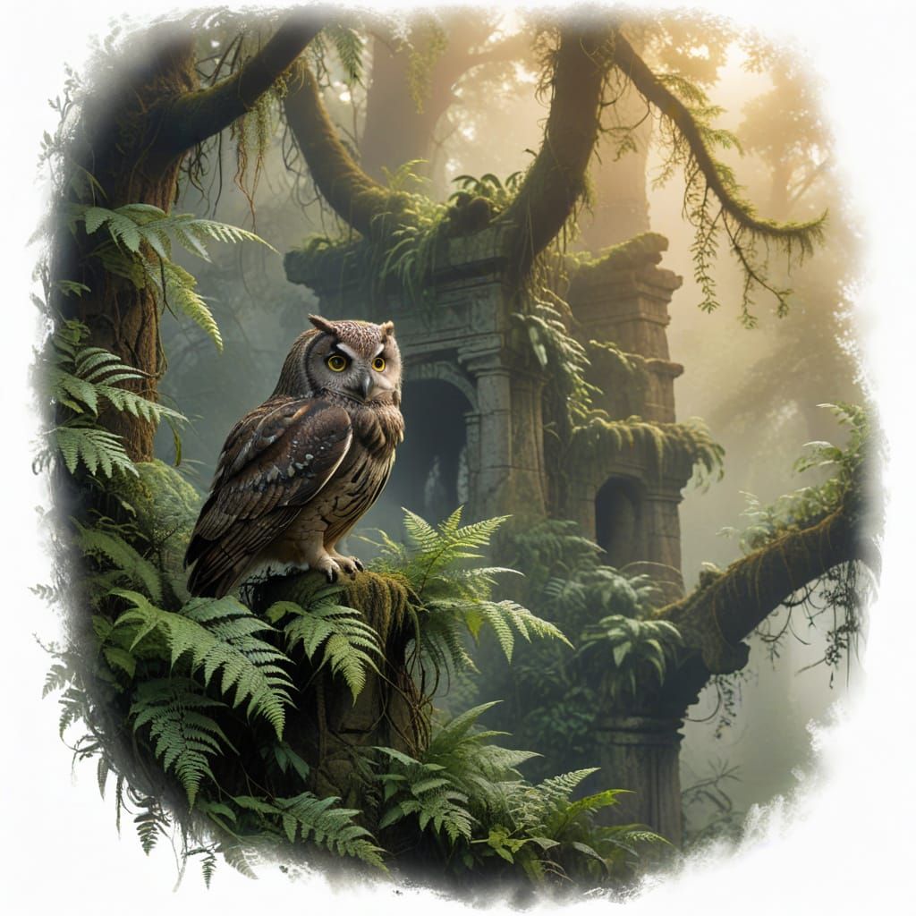Surreal Owl Amidst Ancient Ruins in Enchanted Forest