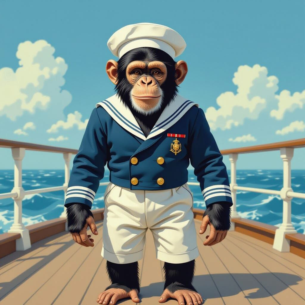 Chimpanzee Sailor on Ship Deck in Storybook Style