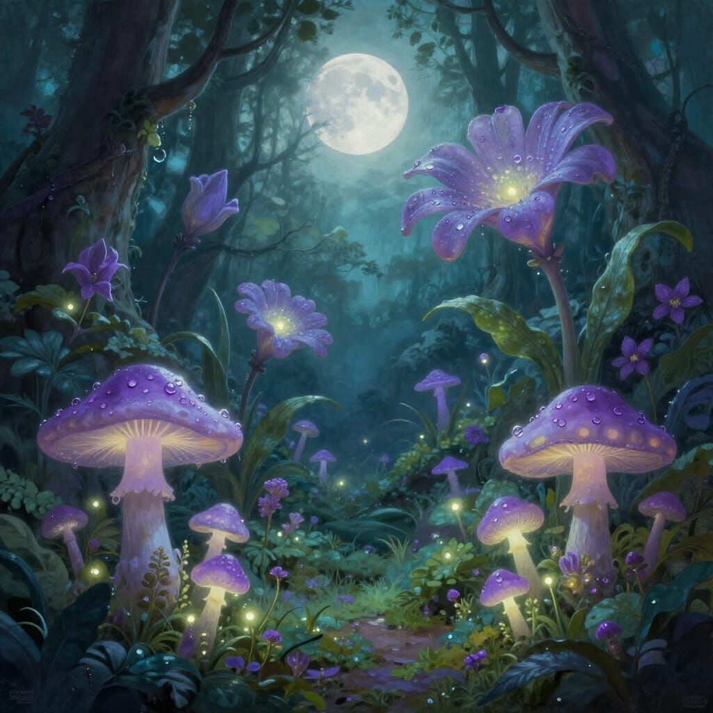 Bioluminescent Fantasy Flora in Moonlit Forest Clearing