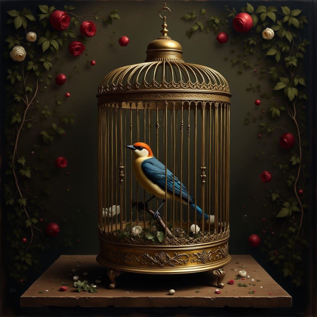 Songbird in Gilded Cage: Hyperrealistic Oil Painting