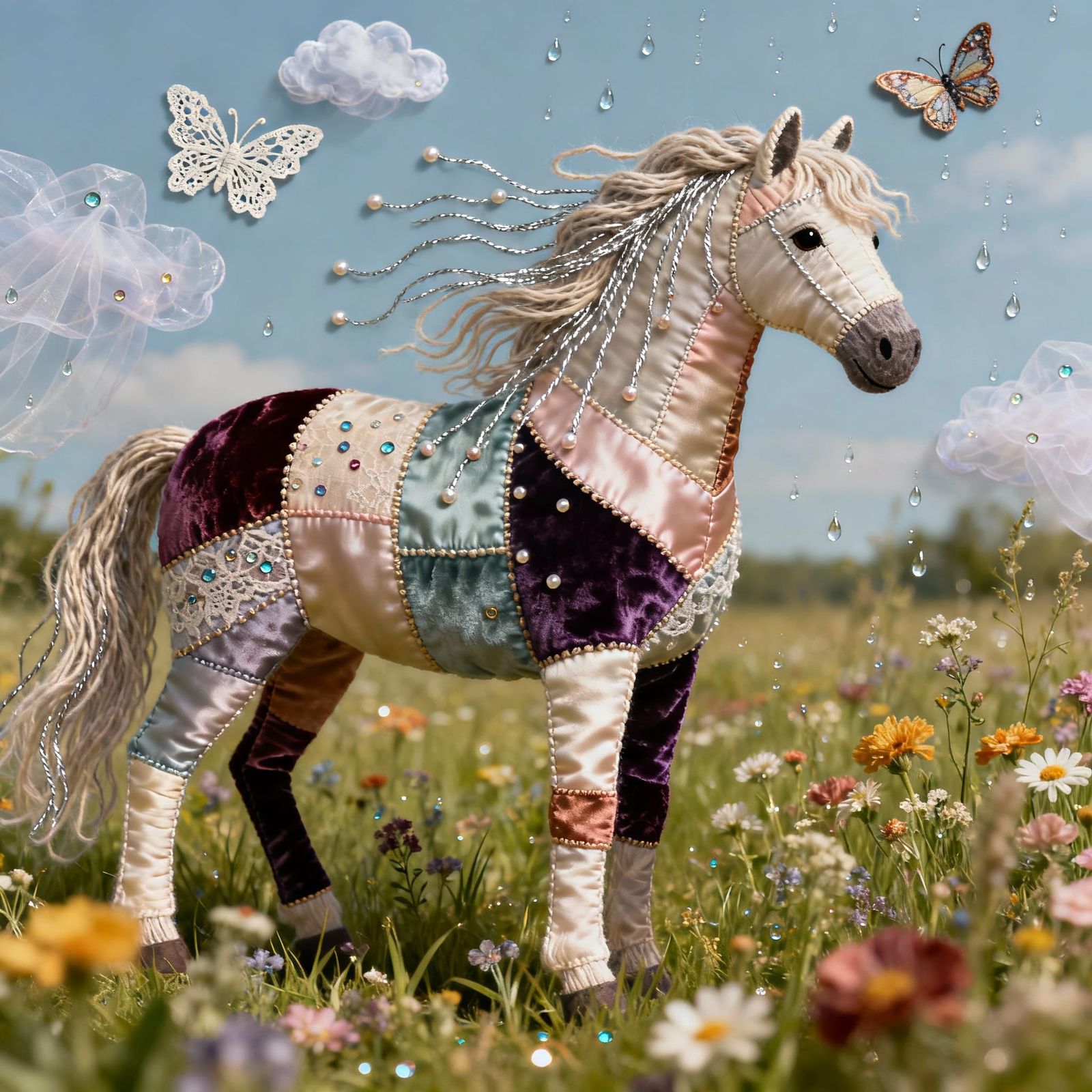 Elegant Patchwork Horse in Wildflower Meadow Fabric Art
