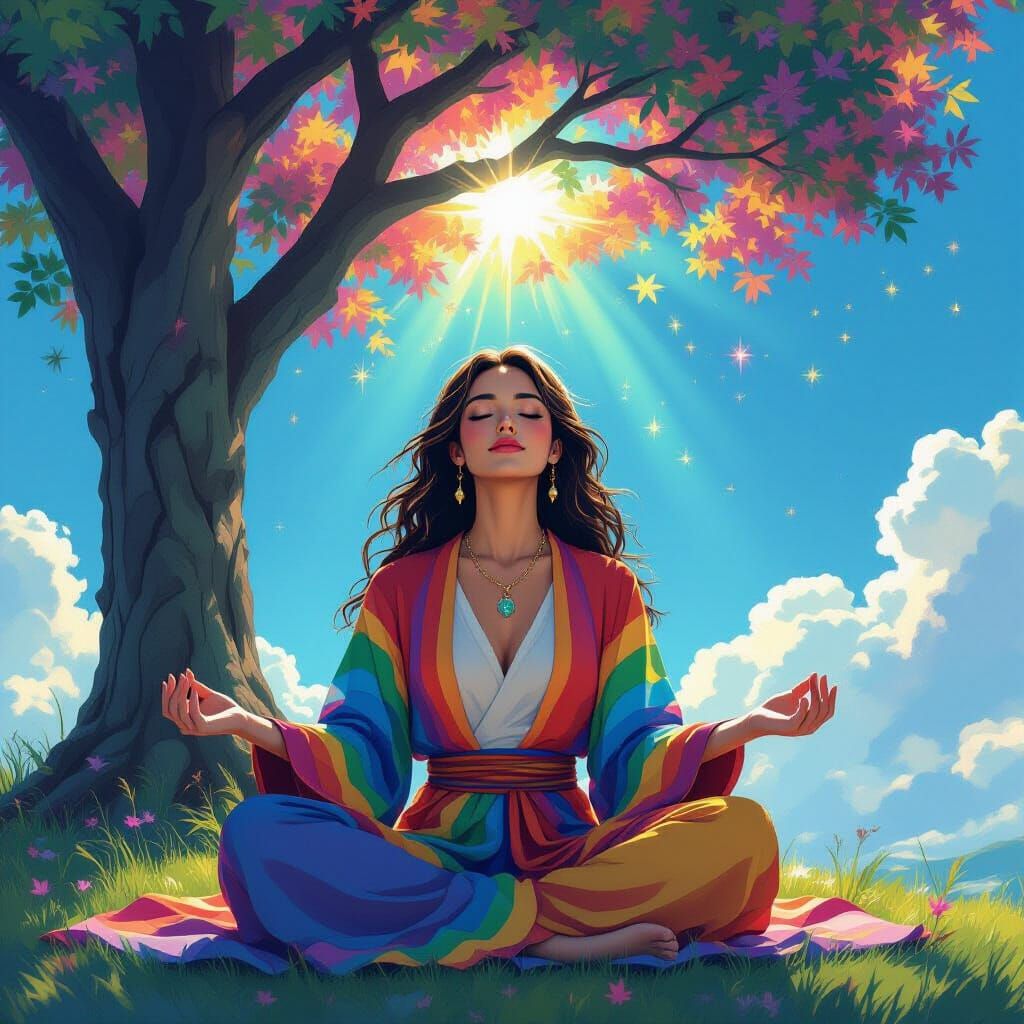 Meditating Woman in Rainbow Robes: Surreal Astral Art