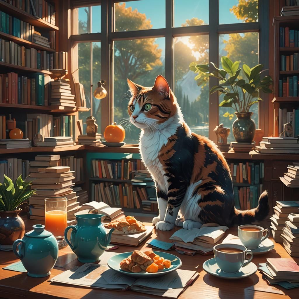Cat at Breakfast Table with Landscape, Digital Art