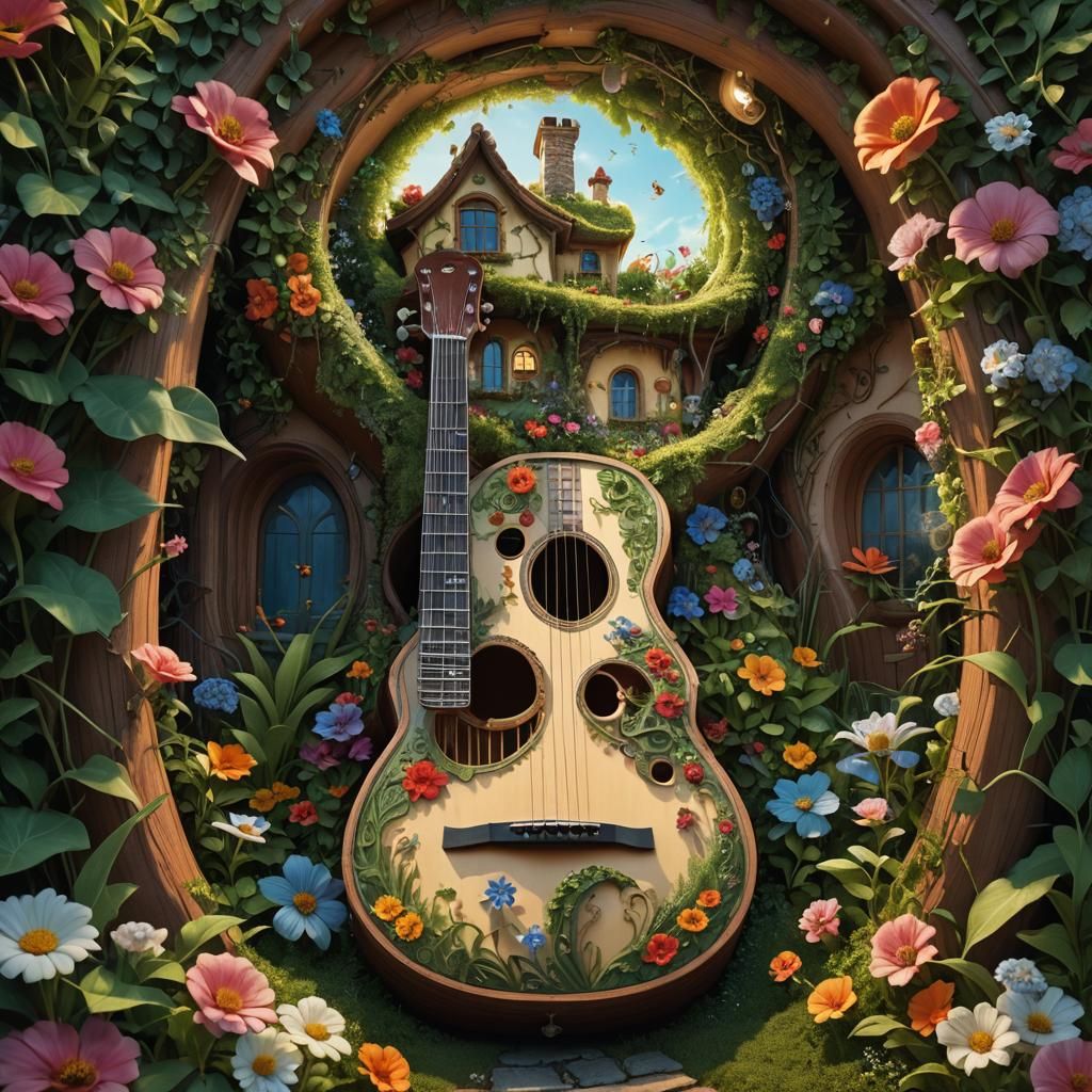 House Inside Guitar: Surreal Fantasy Concept Art