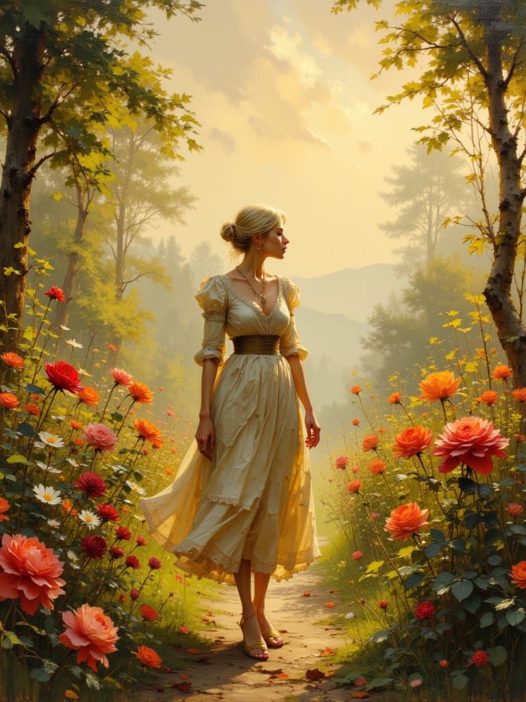 Woman in Rose Garden: Impressionist-Inspired Painting