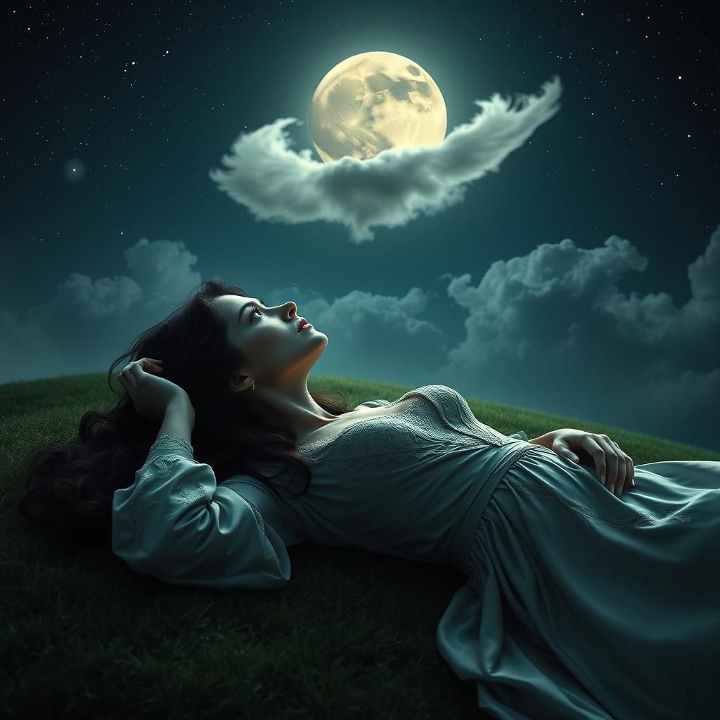Woman Gazing at Moon in Dreamlike Landscape