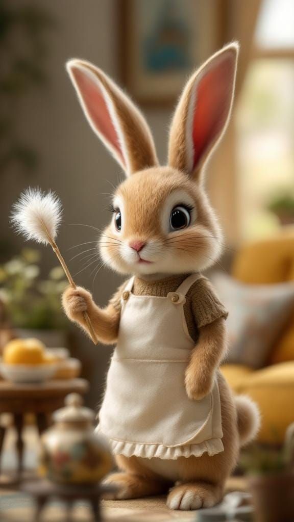 Bunny Housework in 1950s Style with Feather Duster