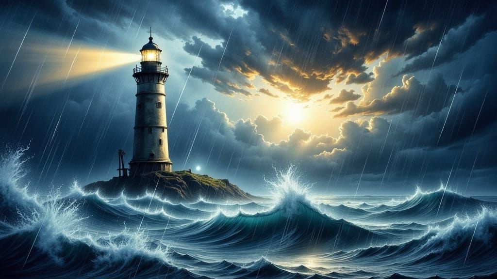 Stormbound Beacon in a Hyperreal Watercolour Style