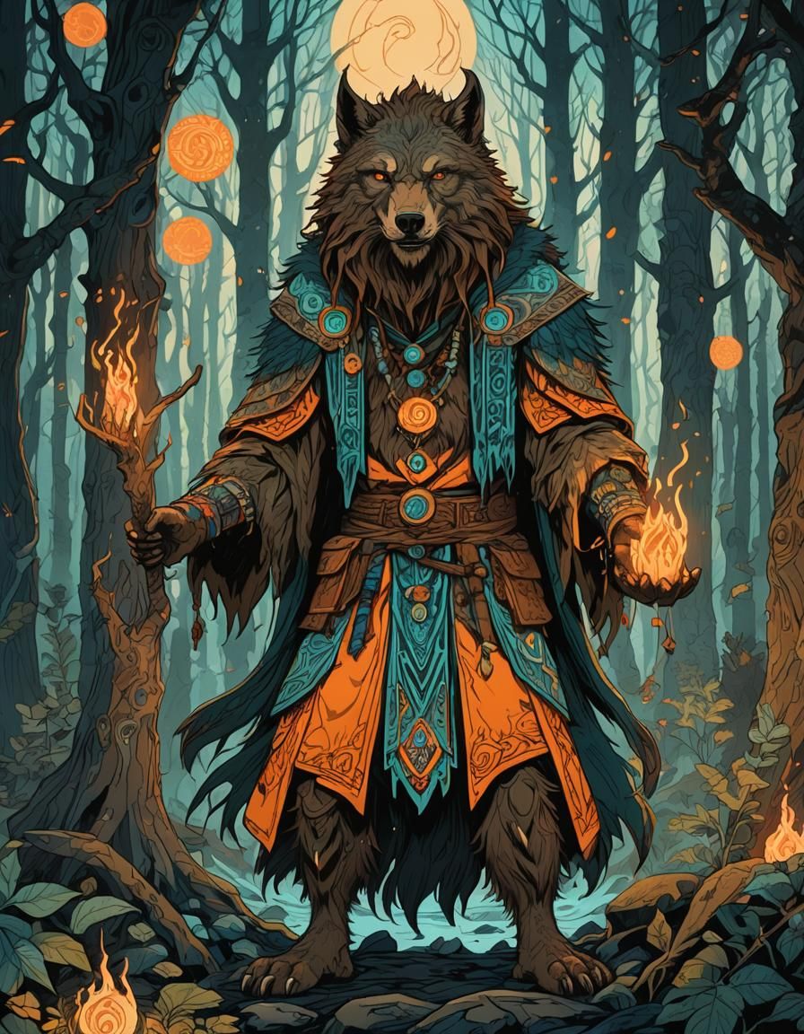 Werewolf Shaman in Mystical Forest, Art Nouveau Style
