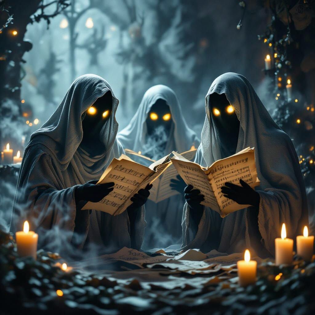 Gothic Christmas Singers with Glowing Eyes and Spectral Cand...
