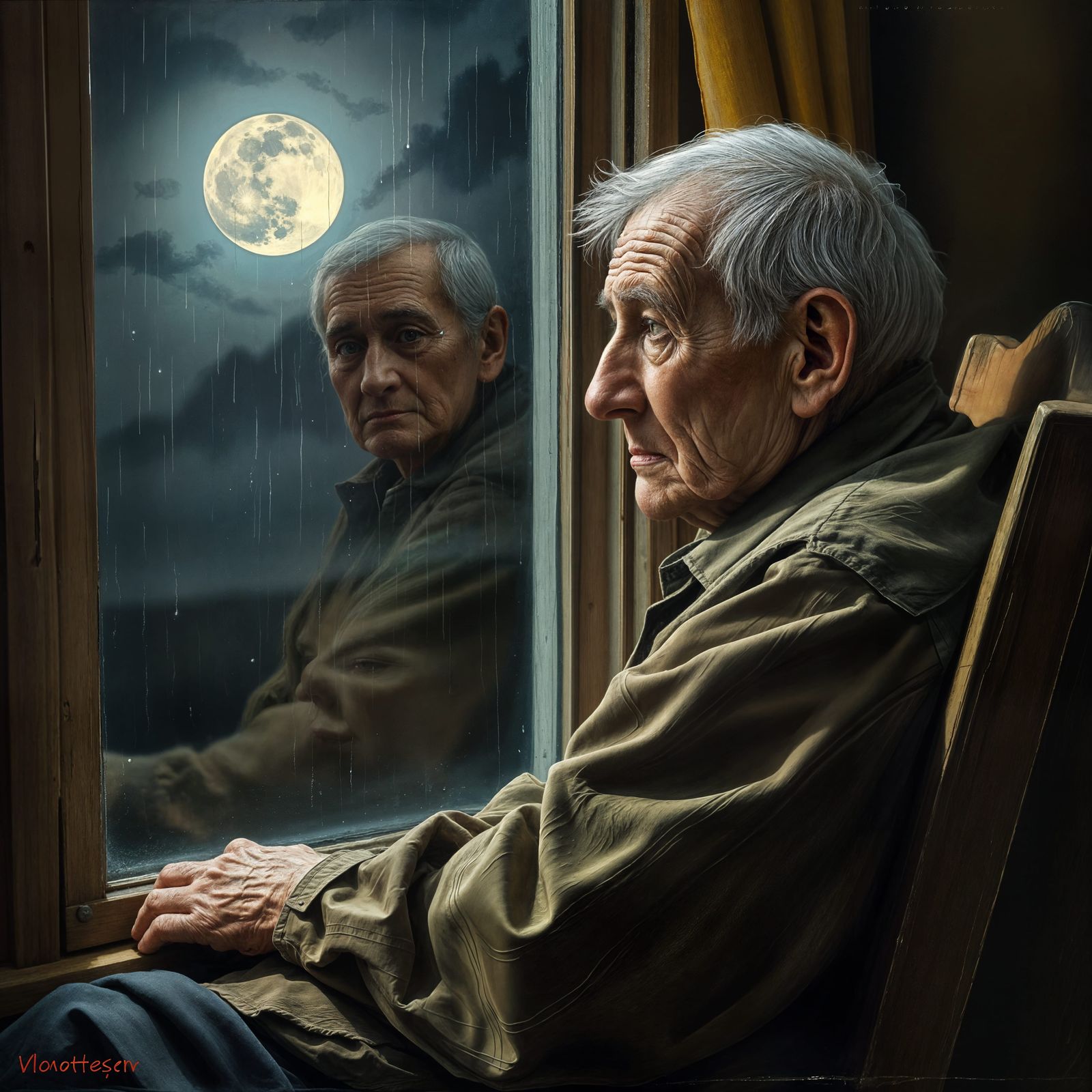 Elderly Man Contemplates Moonlit Night
