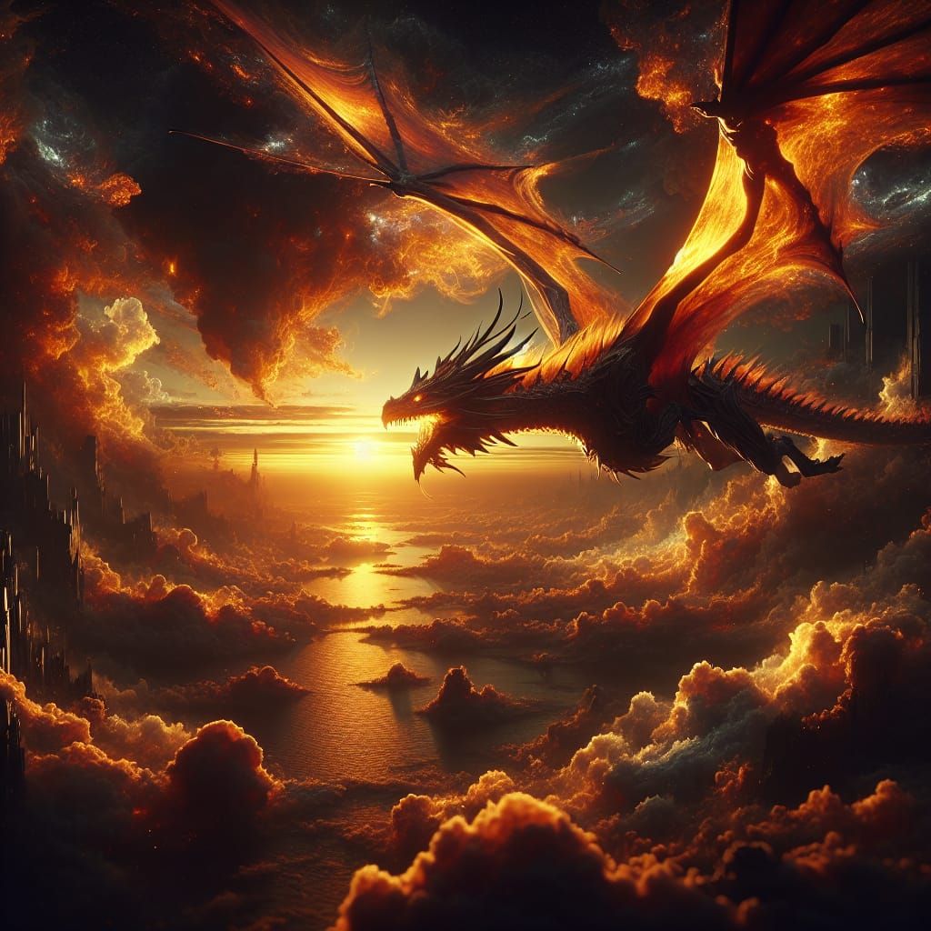 orange dragon flying in the sunset