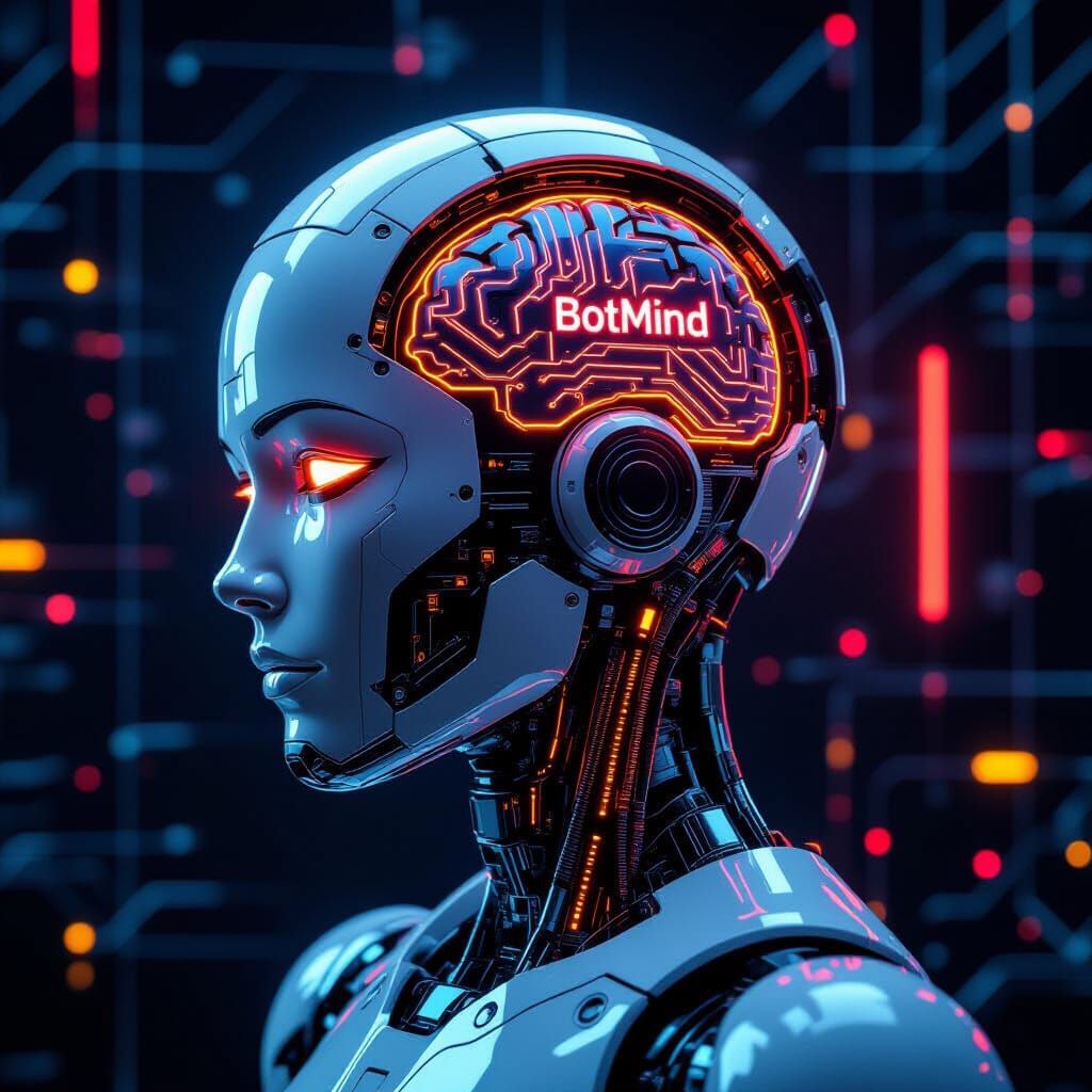 Futuristic Robot Head with Glowing Neon Circuits