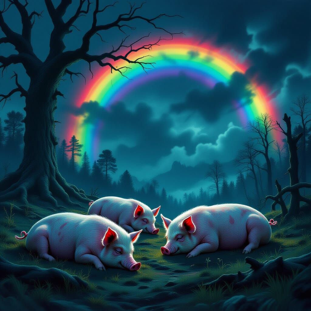 Ominous Pigs Under a Twisted Rainbow in Gothic Style