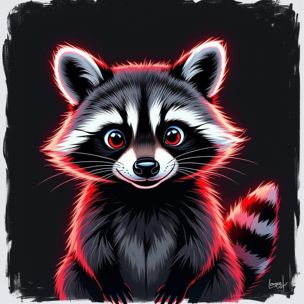 Neon Red Cartoon Raccoon Charcoal Drawing