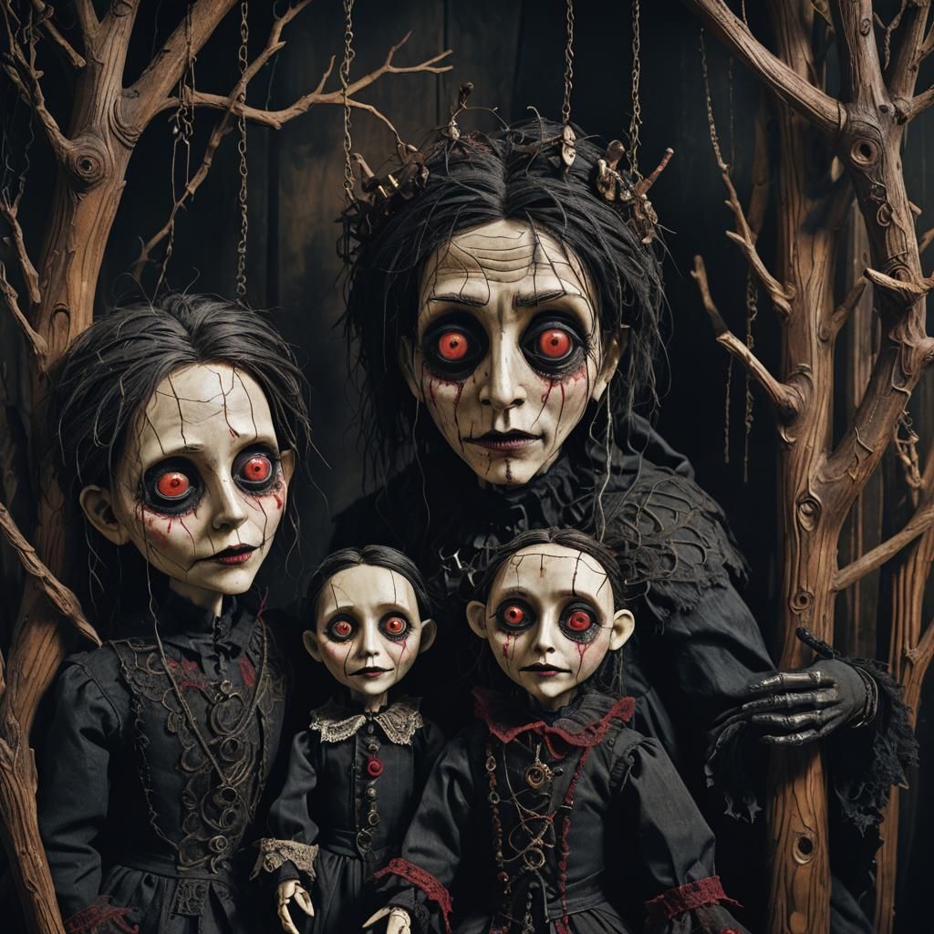 Eerie Gothic Puppets with Glowing Eyes in Dark Fantasy