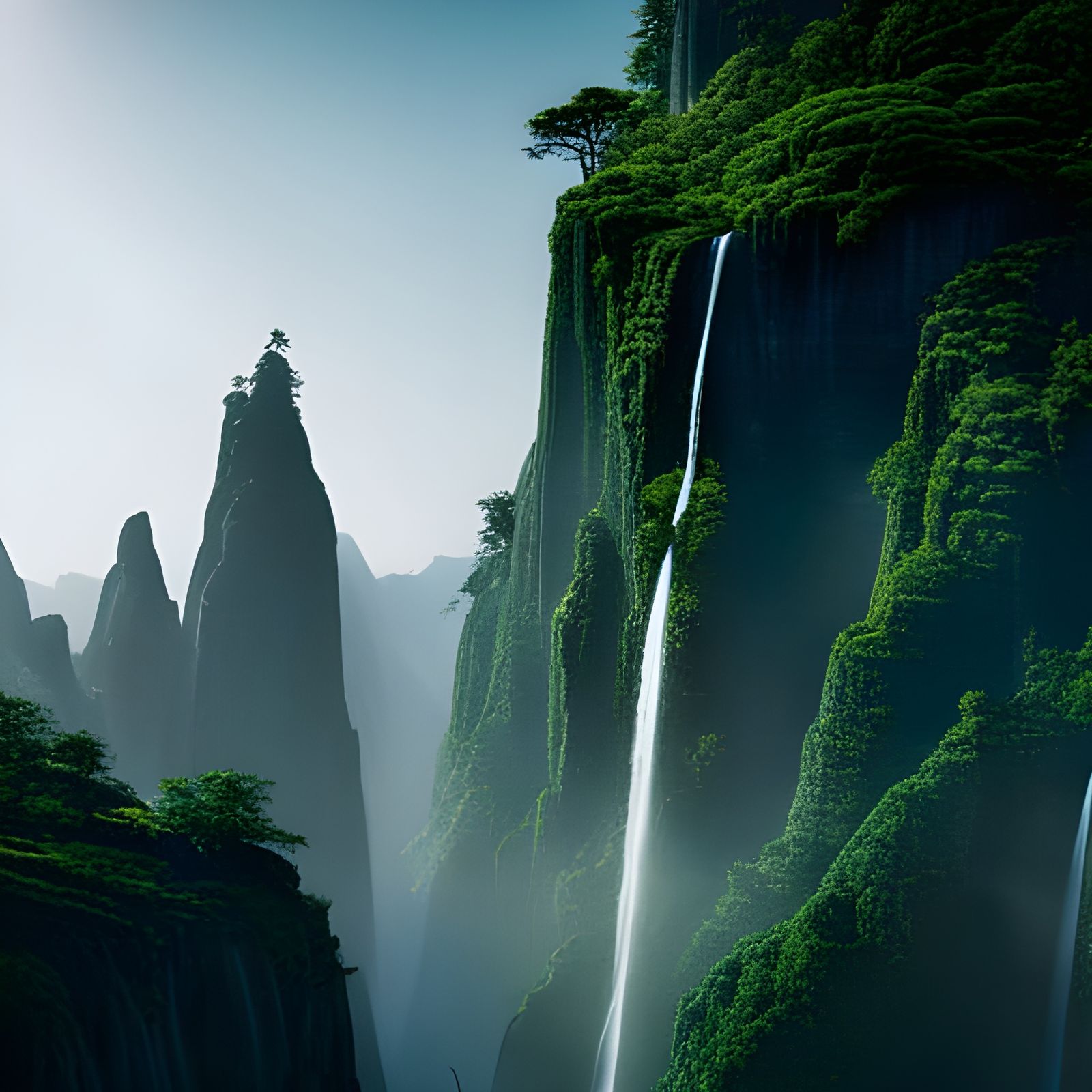 Luminous Floating Mountains and Waterfalls