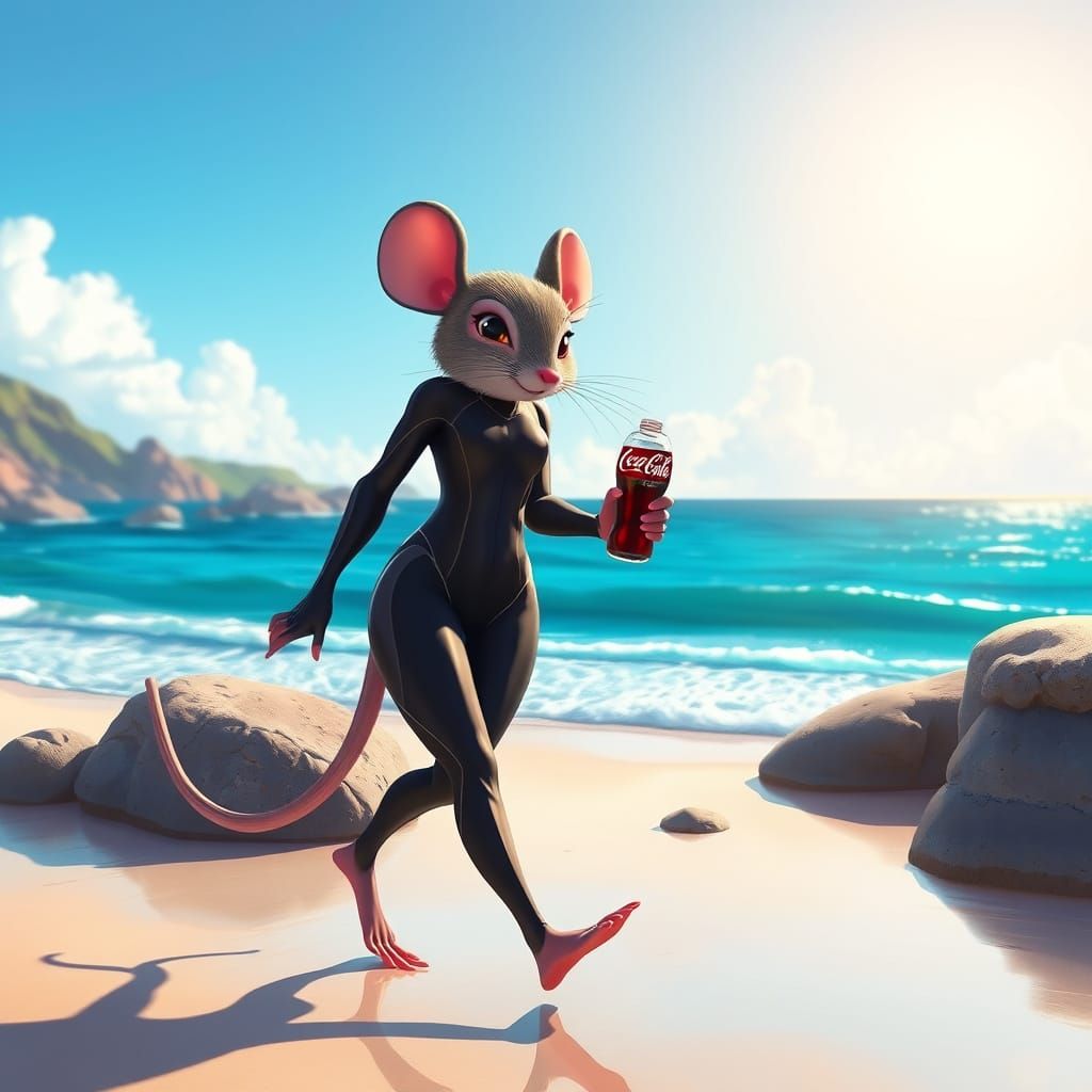 Mouse Humanoid on Beach in Stylized Digital Art