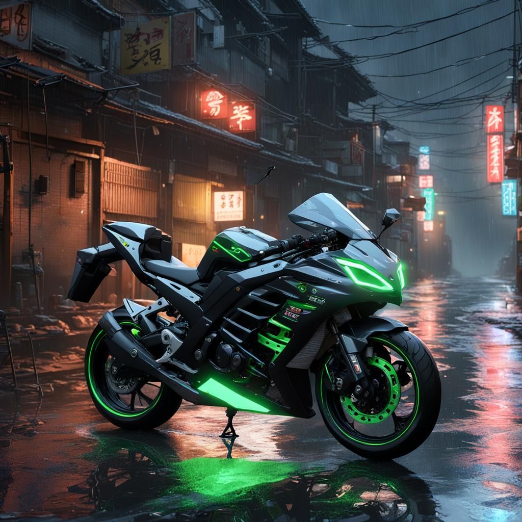 Kawasaki Ninja in Rainy Cyberpunk Alley