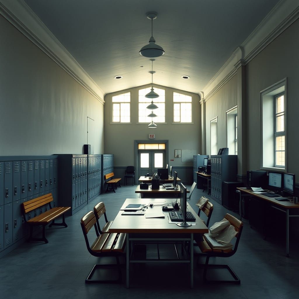 Small Police Station Interior with Worn Linoleum