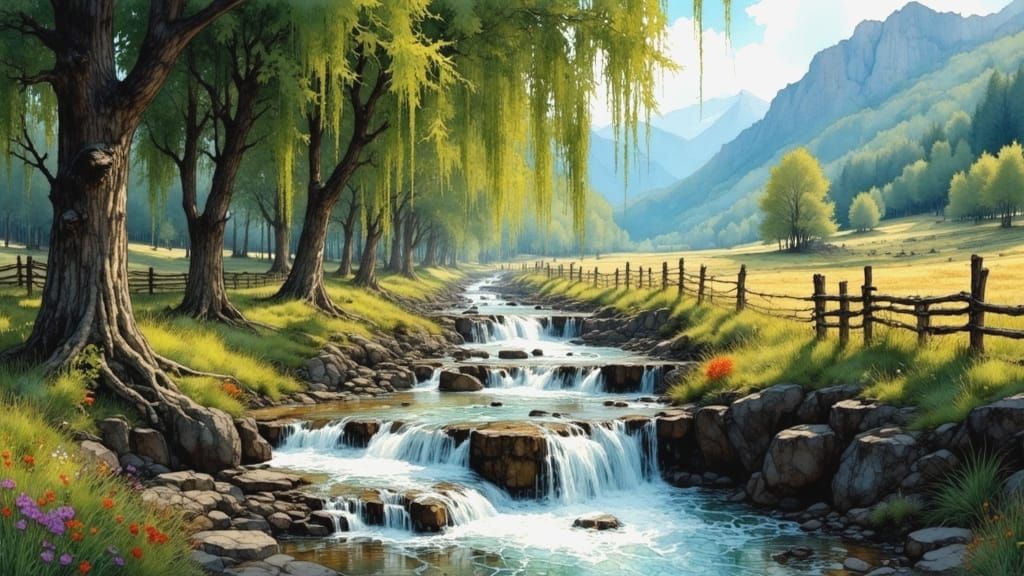 Lush Willows Over Waterfalls in Bierstadt Style